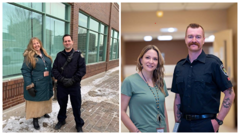 On the left, a man in a uniform and a woman in a jacket stand beside each other on the sidewalk in the winter in front of a building on a street in the city of Regina, Saskatchewan. On the right, a man dressed in a uniform stands beside a woman in the hallway of a health-care facility in Saskatoon.