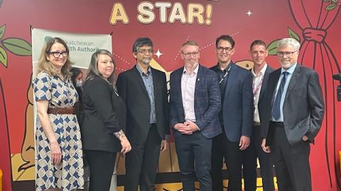(left to right) Dr. Sarah Forgie, Dean of the University of Saskatchewan’s College of Medicine; Alicia Tressel, program manager, SHA; Dr. Rabin Persad, pediatric gastroenterologist; Hon. Everett Hindley, Minister of Health; Dr. Mark Fenton, Physician Executive for Integrated Saskatoon Health, SHA; Dr. Matthew Bradshaw, Area Division Lead, SHA; Dr. Terry Klassen, Provincial Department Head of Pediatrics, SHA.