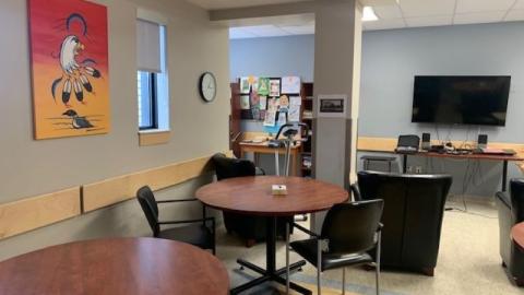 The withdrawal management patient common area at the Addiction Treatment Centre in Regina is used to support patient programming, meals, movies, and leisure activities.