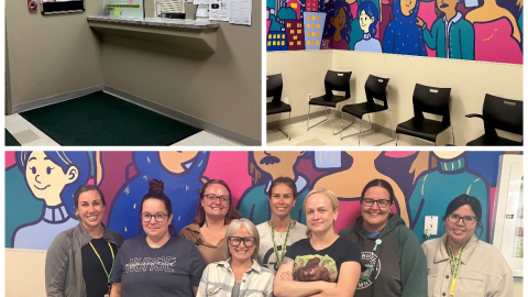 Photos of a reception area and a waiting room with walls featuring a brightly coloured mural and several chairs are above a photo of a group of health-care workers.