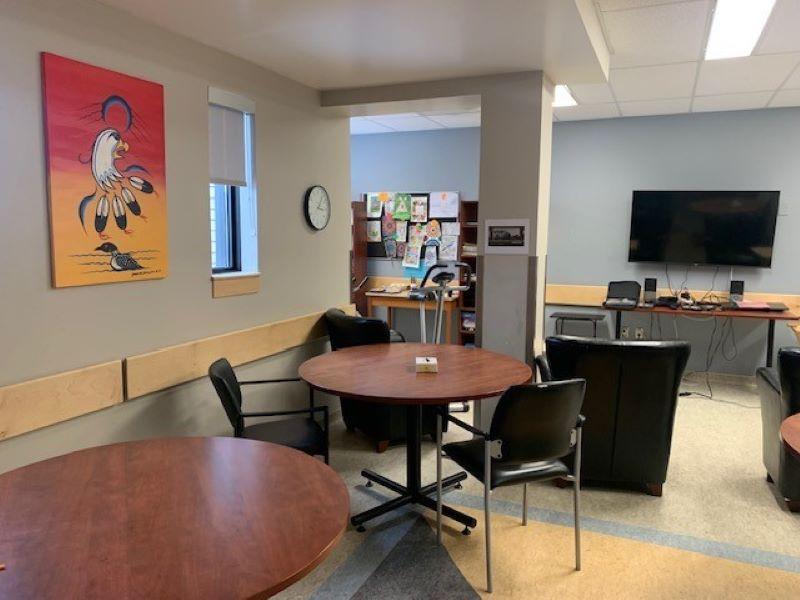 The withdrawal management patient common area at the Addiction Treatment Centre in Regina is used to support patient programming, meals, movies, and leisure activities.