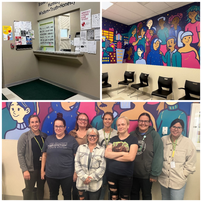 Photos of a reception area and a waiting room with walls featuring a brightly coloured mural and several chairs are above a photo of a group of health-care workers.